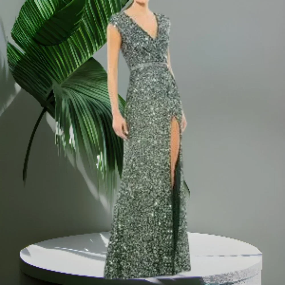NWT Mac Duggal Forest Green Sequin Embellished Thigh-High Trumpet Gown MSRP $450 - Picture 1 of 8